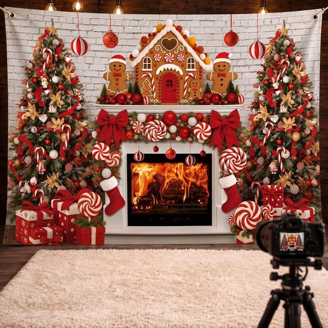 Main image of 7x5ft Christmas Backdrop Gingerbread with Fireplace Photo Backdrop Large Polyester Christmas Backdrop for Photography, Fireplace, Gingerbread Man, House, Tree, Xmas Background for Photo Studio