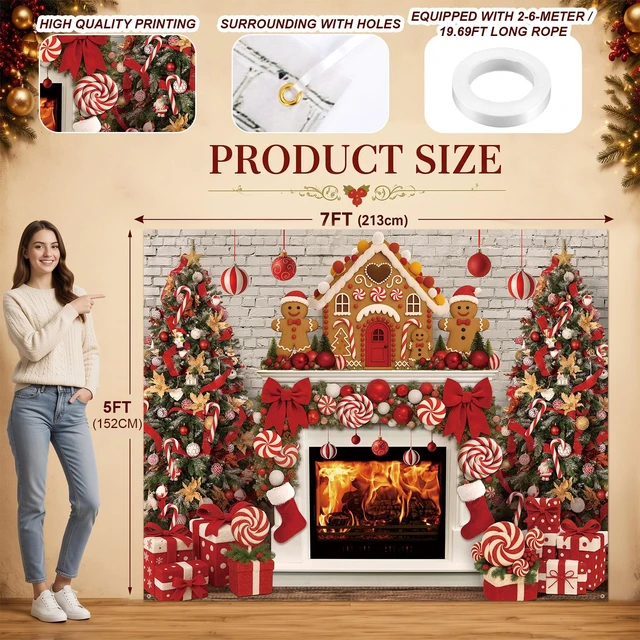 Alt view image 2 of 7 - 7x5ft Christmas Backdrop Gingerbread with Fireplace Photo Backdrop Large Polyester Christmas Backdrop for Photography, Fireplace, Gingerbread Man, House, Tree, Xmas Background for Photo Studio