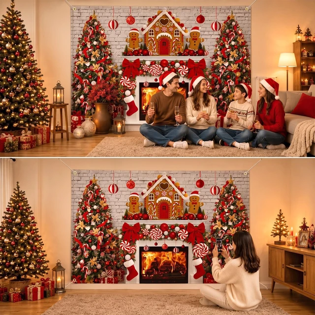 Alt view image 5 of 7 - 7x5ft Christmas Backdrop Gingerbread with Fireplace Photo Backdrop Large Polyester Christmas Backdrop for Photography, Fireplace, Gingerbread Man, House, Tree, Xmas Background for Photo Studio