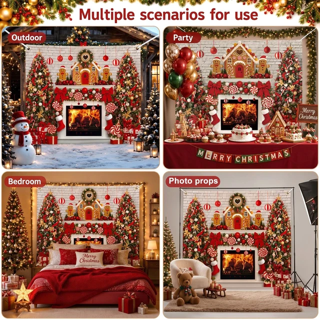Alt view image 6 of 7 - 7x5ft Christmas Backdrop Gingerbread with Fireplace Photo Backdrop Large Polyester Christmas Backdrop for Photography, Fireplace, Gingerbread Man, House, Tree, Xmas Background for Photo Studio