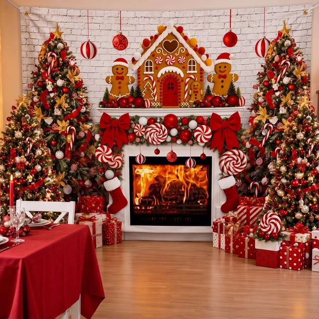 Alt view image 7 of 7 - 7x5ft Christmas Backdrop Gingerbread with Fireplace Photo Backdrop Large Polyester Christmas Backdrop for Photography, Fireplace, Gingerbread Man, House, Tree, Xmas Background for Photo Studio