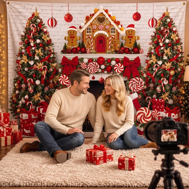 Alt view image 4 of 7 - 7x5ft Christmas Backdrop Gingerbread with Fireplace Photo Backdrop Large Polyester Christmas Backdrop for Photography, Fireplace, Gingerbread Man, House, Tree, Xmas Background for Photo Studio
