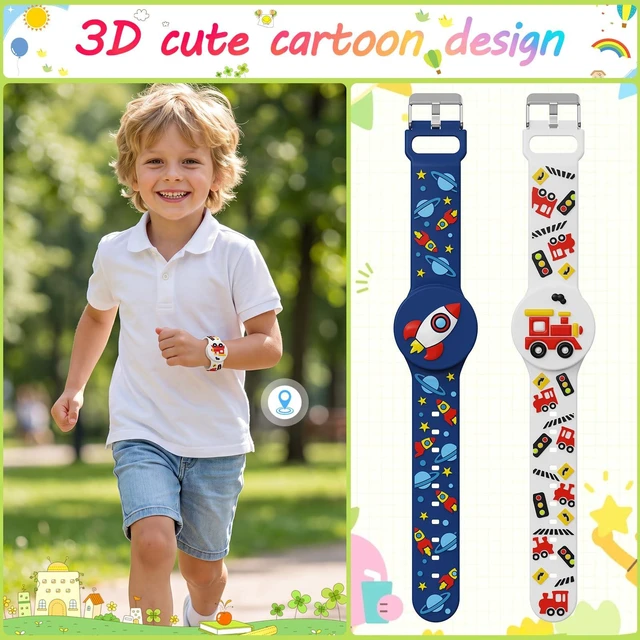Alt view image 2 of 6 - 3D Cartoon Waterproof Bracelets Compatible with AirTag for Kids, 2 Packs Cute Silicone Holder Hidden Cover Compatible with AirTag, Lightweight GPS Tracker Holder Wristband for Child(Rocket Train)