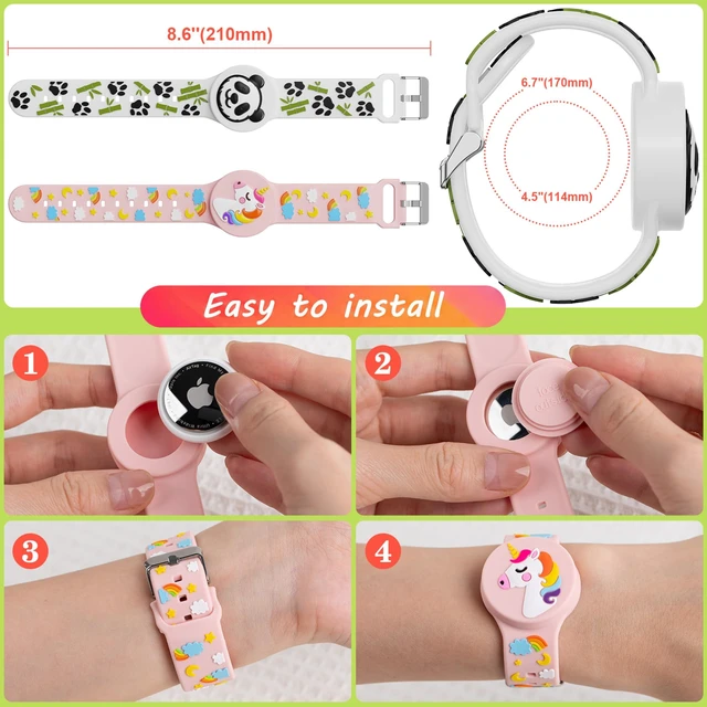 Alt view image 3 of 6 - 3D Cartoon Waterproof Bracelets Compatible with AirTag for Kids, 2 Packs Cute Silicone Holder Hidden Cover Compatible with AirTag, Lightweight GPS Tracker Holder Wristband for Child(Unicorn Panda)