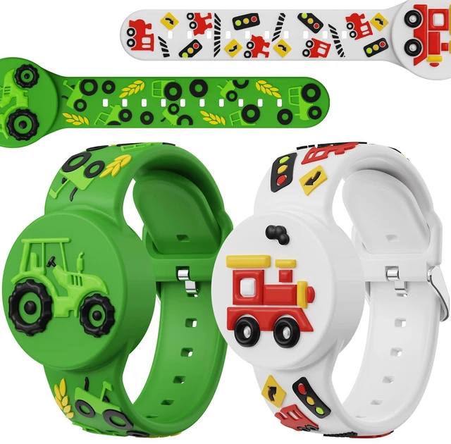 Main image of 3D Cartoon Waterproof Bracelets Compatible with AirTag for Kids, 2 Packs Cute Silicone Holder Hidden Cover Compatible with AirTag, Lightweight GPS Tracker Holder Wristband for Child(Train Tractor)
