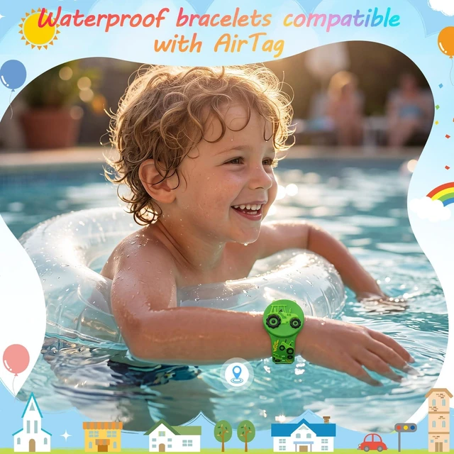 Alt view image 4 of 6 - 3D Cartoon Waterproof Bracelets Compatible with AirTag for Kids, 2 Packs Cute Silicone Holder Hidden Cover Compatible with AirTag, Lightweight GPS Tracker Holder Wristband for Child(Train Tractor)
