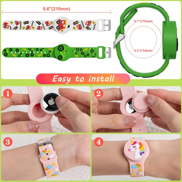 Alt view image 3 of 6 - 3D Cartoon Waterproof Bracelets Compatible with AirTag for Kids, 2 Packs Cute Silicone Holder Hidden Cover Compatible with AirTag, Lightweight GPS Tracker Holder Wristband for Child(Train Tractor)