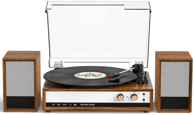 Main image of Vintage Turntable with Speakers, 3-Speed Bluetooth Vinyl Record Player with 2 External Speakers, Vinyl to PC Recording, RCA Output, AUX in, Headphone Jack, Walnut