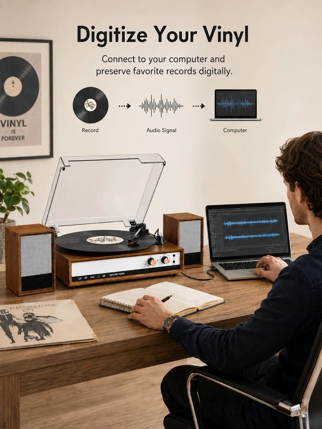 Alt view image 3 of 7 - Vintage Turntable with Speakers, 3-Speed Bluetooth Vinyl Record Player with 2 External Speakers, Vinyl to PC Recording, RCA Output, AUX in, Headphone Jack, Walnut