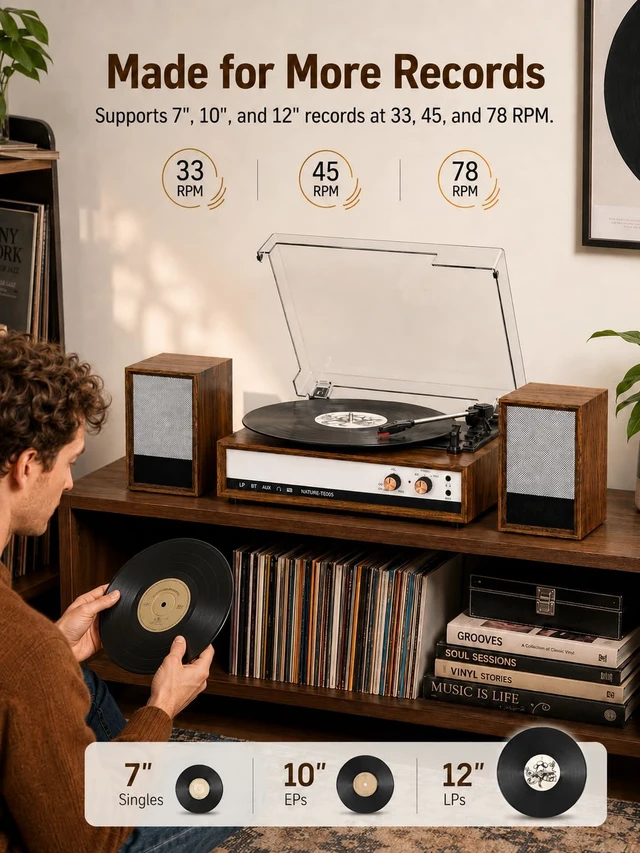 Alt view image 2 of 7 - Vintage Turntable with Speakers, 3-Speed Bluetooth Vinyl Record Player with 2 External Speakers, Vinyl to PC Recording, RCA Output, AUX in, Headphone Jack, Walnut