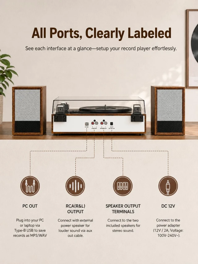 Alt view image 5 of 7 - Vintage Turntable with Speakers, 3-Speed Bluetooth Vinyl Record Player with 2 External Speakers, Vinyl to PC Recording, RCA Output, AUX in, Headphone Jack, Walnut