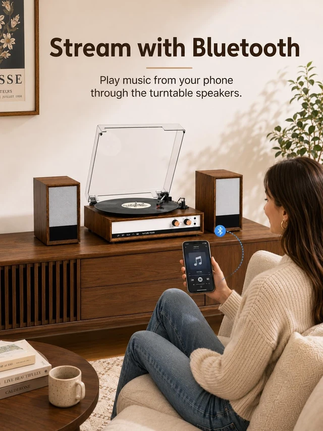Alt view image 6 of 7 - Vintage Turntable with Speakers, 3-Speed Bluetooth Vinyl Record Player with 2 External Speakers, Vinyl to PC Recording, RCA Output, AUX in, Headphone Jack, Walnut