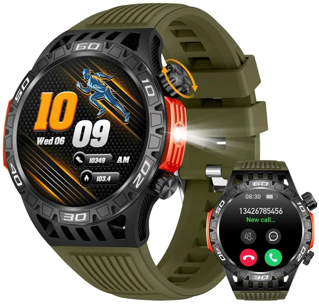Main image of Military Smart Watch with LED Flashlight, Compass, SOS, Rugged Tactical Bluetooth Answer/Dial Calls, Heart Rate Blood Pressure Sleep Monitor Compatible for Android and iOS, Green