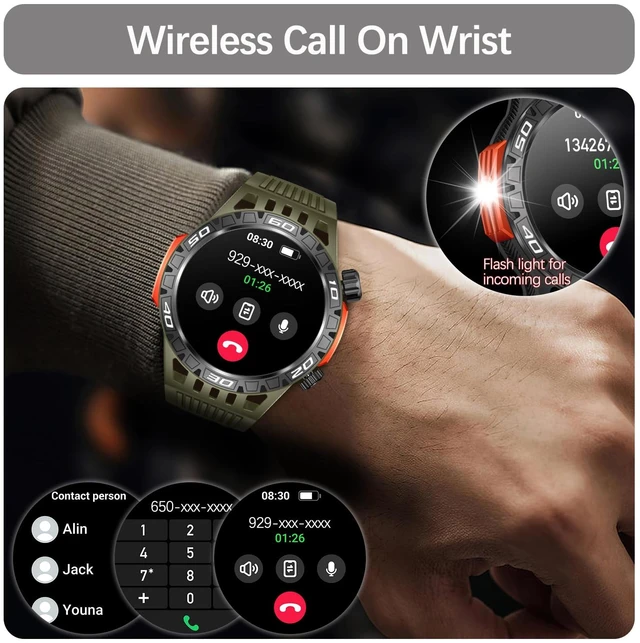 Alt view image 3 of 7 - Military Smart Watch with LED Flashlight, Compass, SOS, Rugged Tactical Bluetooth Answer/Dial Calls, Heart Rate Blood Pressure Sleep Monitor Compatible for Android and iOS, Green