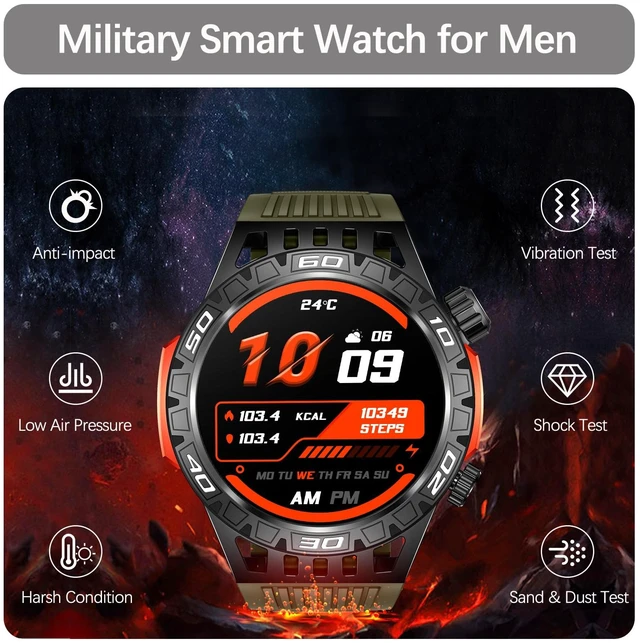 Alt view image 4 of 7 - Military Smart Watch with LED Flashlight, Compass, SOS, Rugged Tactical Bluetooth Answer/Dial Calls, Heart Rate Blood Pressure Sleep Monitor Compatible for Android and iOS, Green