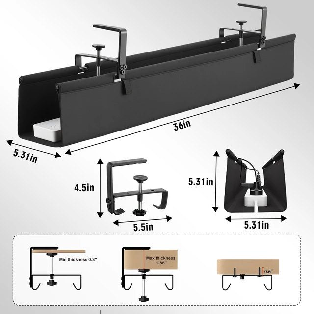 Alt view image 2 of 7 - No Drill Large Under Desk Cable Management Tray, Fabric Cord Hider for Wire Organizer, Clamp/Screw Mount Cord Organizer, Standing Desk Cable Management for Office Home (Large (36 Inch))