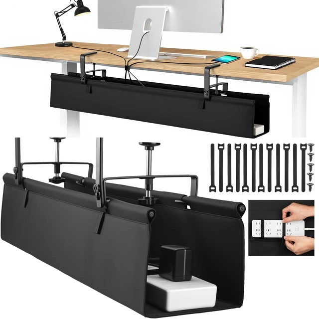 Main image of No Drill Large Under Desk Cable Management Tray, Fabric Cord Hider for Wire Organizer, Clamp/Screw Mount Cord Organizer, Standing Desk Cable Management for Office Home (Large (36 Inch))