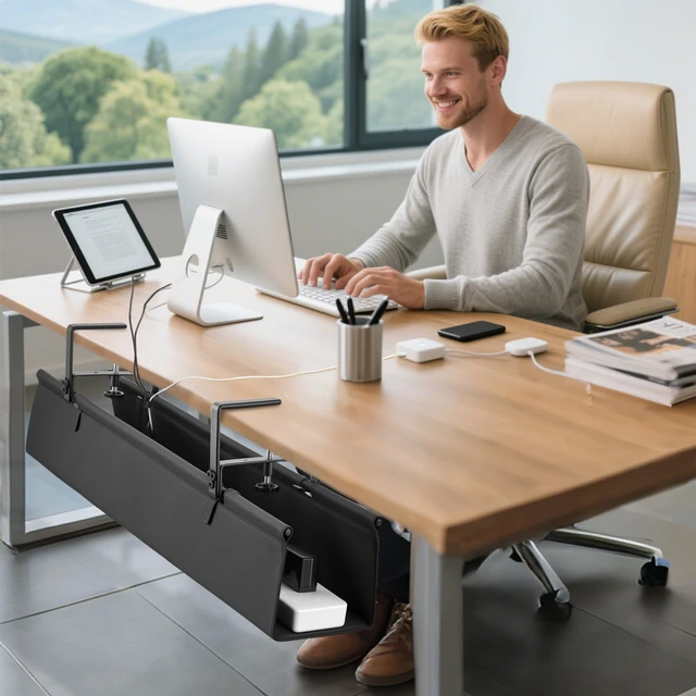 Alt view image 6 of 7 - No Drill Large Under Desk Cable Management Tray, Fabric Cord Hider for Wire Organizer, Clamp/Screw Mount Cord Organizer, Standing Desk Cable Management for Office Home (Large (36 Inch))