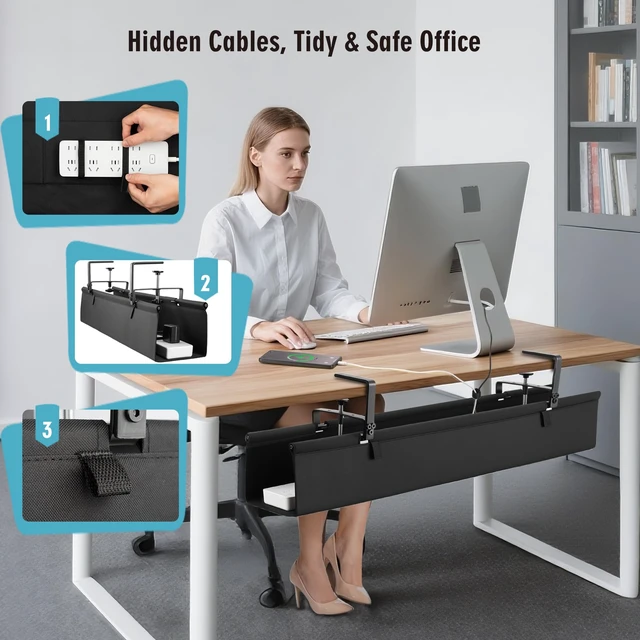 Alt view image 7 of 7 - No Drill Large Under Desk Cable Management Tray, Fabric Cord Hider for Wire Organizer, Clamp/Screw Mount Cord Organizer, Standing Desk Cable Management for Office Home (Large (36 Inch))
