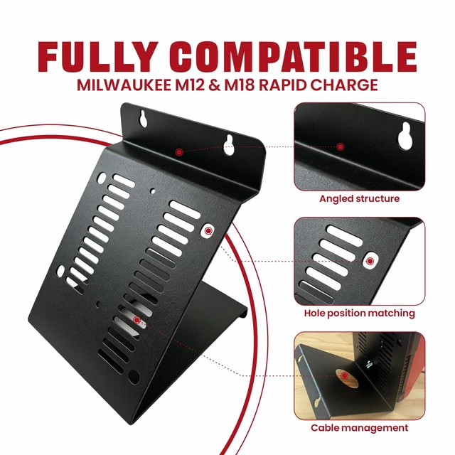 Alt view image 3 of 6 - Wall Mount Charger Holder for Milwaukee M12 M18 with Ventilation Cutouts Detachable Packout Charger Holder is easytomount on pegboard, garage and workshop walls. Not an official Milwaukee product