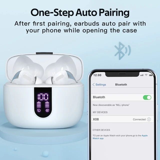 Alt view image 5 of 7 - 2 Sets X08 White and Ocean Blue Bluetooth Headphones True Wireless Earbuds 60H Playback Ear Buds with Wireless Charging Case in-Ear Earbuds with Mic