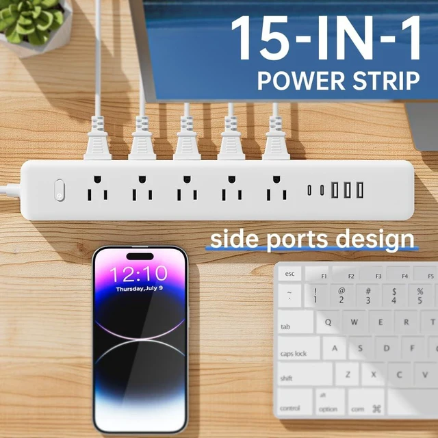 Alt view image 2 of 7 - Surge Protector Power Strip - 10 Outlets 3 USB (2 USB C) Charging Ports, Multi Plug Outlet Extender, 10Ft Extension Cord, Flat Plug Wall Mount Desk Charging Station for Home Office (White-10FT)