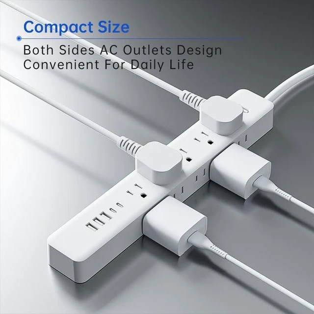 Alt view image 3 of 7 - Surge Protector Power Strip - 10 Outlets 3 USB (2 USB C) Charging Ports, Multi Plug Outlet Extender, 10Ft Extension Cord, Flat Plug Wall Mount Desk Charging Station for Home Office (White-10FT)