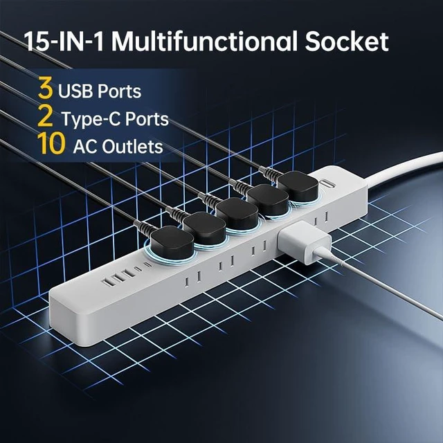 Alt view image 6 of 7 - Surge Protector Power Strip - 10 Outlets 3 USB (2 USB C) Charging Ports, Multi Plug Outlet Extender, 10Ft Extension Cord, Flat Plug Wall Mount Desk Charging Station for Home Office (White-10FT)