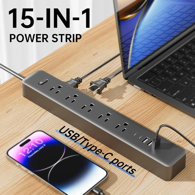 Alt view image 5 of 7 - Surge Protector Power Strip - 10 Outlets 3 USB (2 USB C) Charging Ports, Multi Plug Outlet Extender, 10Ft Extension Cord, Flat Plug Wall Mount Desk Charging Station for Home Office (White-10FT)