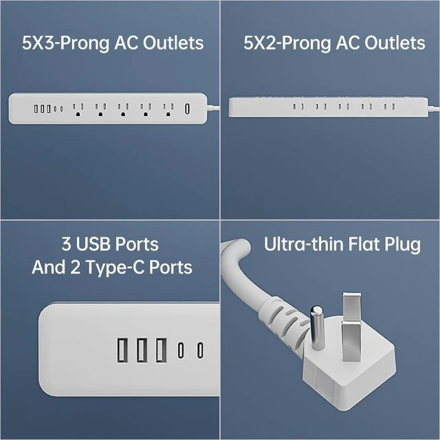 Alt view image 7 of 7 - Surge Protector Power Strip - 10 Outlets 3 USB (2 USB C) Charging Ports, Multi Plug Outlet Extender, 10Ft Extension Cord, Flat Plug Wall Mount Desk Charging Station for Home Office (White-10FT)