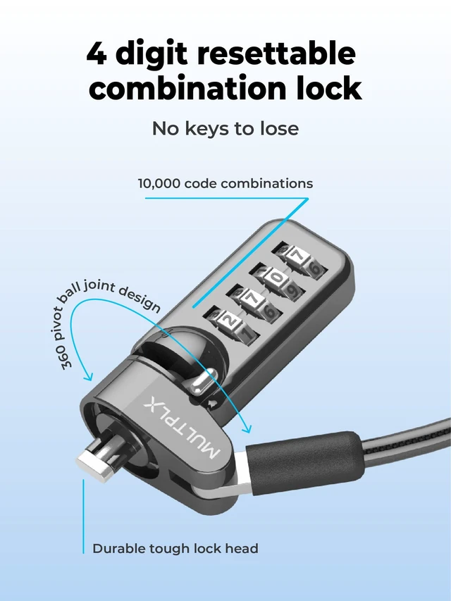 Alt view image 4 of 6 - Laptop Security Lock Standard Size T-Shaped Bar Locking Mechanism Hard Cut Resistant Steel 4 Digit Combination Lock 1.7m Strong Secure Cable