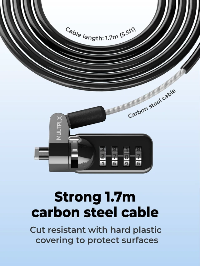 Alt view image 3 of 6 - Laptop Security Lock Standard Size T-Shaped Bar Locking Mechanism Hard Cut Resistant Steel 4 Digit Combination Lock 1.7m Strong Secure Cable