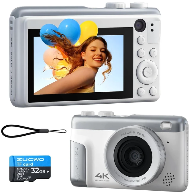 Main image of Digital Camera 4K, 64MP Compact Point and Shoot Camera for Everyday Photography, Autofocus with 16X Zoom, Type-C Rechargeable Travel Camera with 32GB Card, White