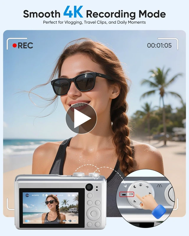 Alt view image 3 of 7 - Digital Camera 4K, 64MP Compact Point and Shoot Camera for Everyday Photography, Autofocus with 16X Zoom, Type-C Rechargeable Travel Camera with 32GB Card, White