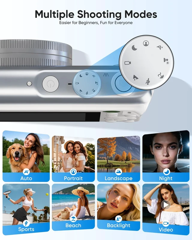 Alt view image 5 of 7 - Digital Camera 4K, 64MP Compact Point and Shoot Camera for Everyday Photography, Autofocus with 16X Zoom, Type-C Rechargeable Travel Camera with 32GB Card, White