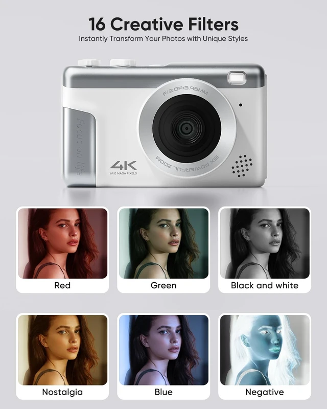 Alt view image 7 of 7 - Digital Camera 4K, 64MP Compact Point and Shoot Camera for Everyday Photography, Autofocus with 16X Zoom, Type-C Rechargeable Travel Camera with 32GB Card, White