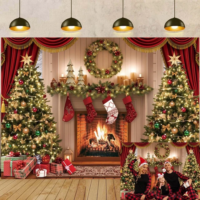 Main image of Christmas Photography Backdrop Christmas Tree Fireplace Decoration Banner 8x6FT Christmas Fireplace Theme Background,Winter Xmas New Year Family Party Banner, Studio Photo Props Supplies
