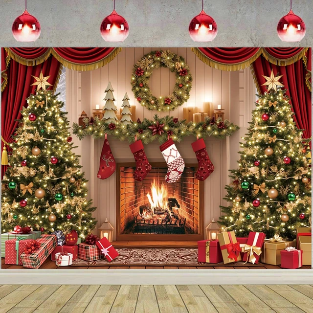 Alt view image 2 of 7 - Christmas Photography Backdrop Christmas Tree Fireplace Decoration Banner 8x6FT Christmas Fireplace Theme Background,Winter Xmas New Year Family Party Banner, Studio Photo Props Supplies