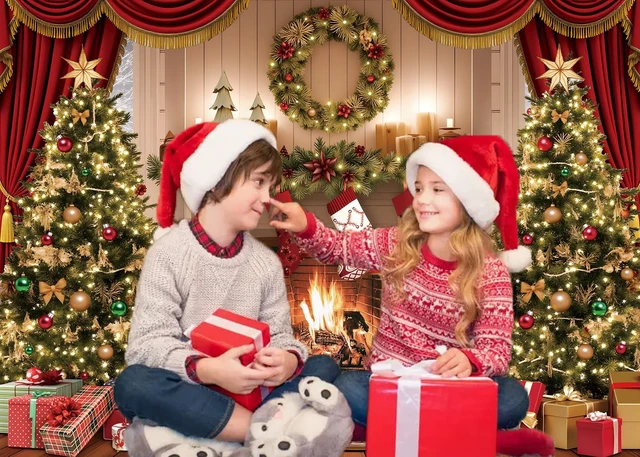 Alt view image 3 of 7 - Christmas Photography Backdrop Christmas Tree Fireplace Decoration Banner 8x6FT Christmas Fireplace Theme Background,Winter Xmas New Year Family Party Banner, Studio Photo Props Supplies