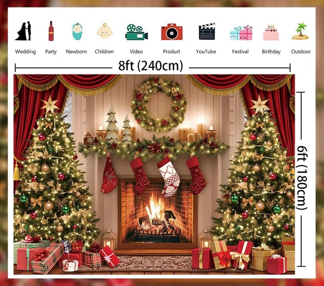 Alt view image 6 of 7 - Christmas Photography Backdrop Christmas Tree Fireplace Decoration Banner 8x6FT Christmas Fireplace Theme Background,Winter Xmas New Year Family Party Banner, Studio Photo Props Supplies