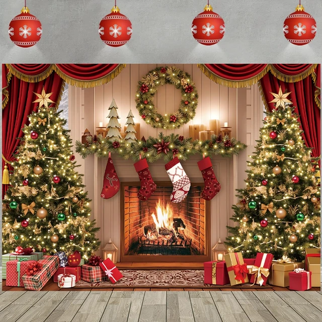 Alt view image 5 of 7 - Christmas Photography Backdrop Christmas Tree Fireplace Decoration Banner 8x6FT Christmas Fireplace Theme Background,Winter Xmas New Year Family Party Banner, Studio Photo Props Supplies