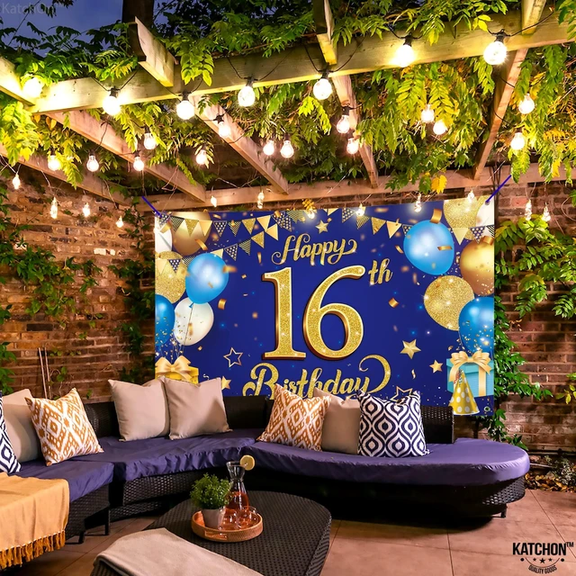 Alt view image 2 of 7 - Blue and Gold 16th Happy Birthday Banner 72x44 Inch Backdrop Banner For 16th Birthday Decorations, Black And Gold Party Decoration