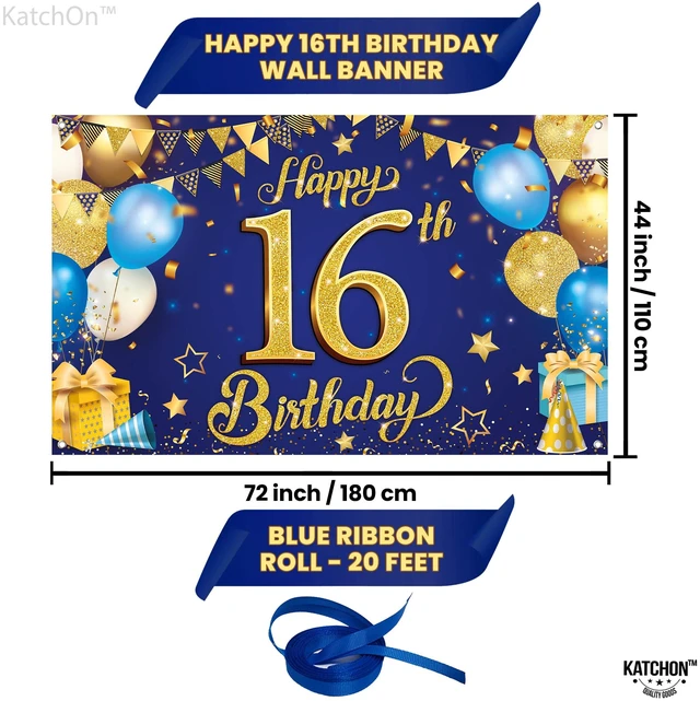Alt view image 4 of 7 - Blue and Gold 16th Happy Birthday Banner 72x44 Inch Backdrop Banner For 16th Birthday Decorations, Black And Gold Party Decoration