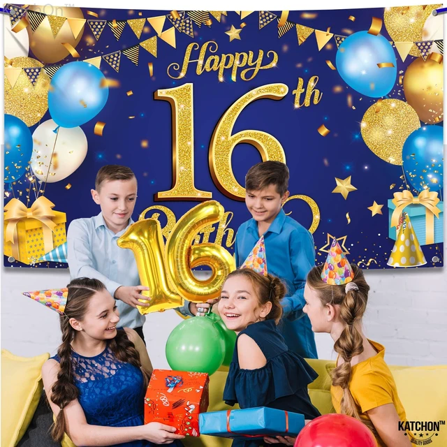 Alt view image 3 of 7 - Blue and Gold 16th Happy Birthday Banner 72x44 Inch Backdrop Banner For 16th Birthday Decorations, Black And Gold Party Decoration