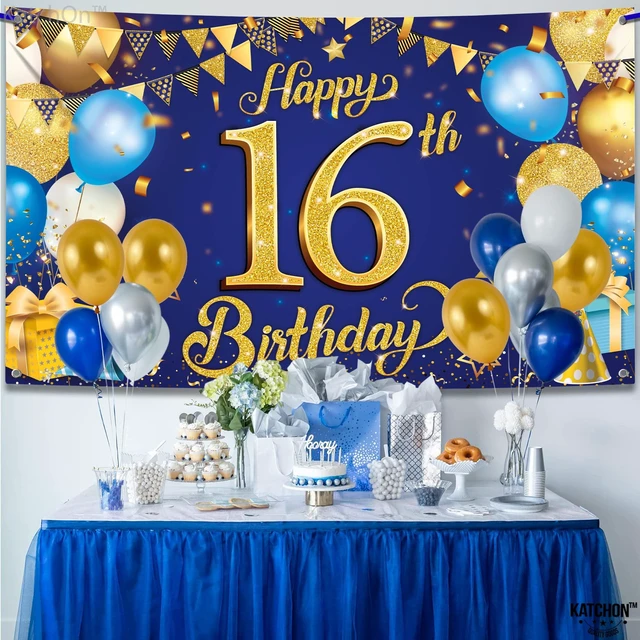 Alt view image 6 of 7 - Blue and Gold 16th Happy Birthday Banner 72x44 Inch Backdrop Banner For 16th Birthday Decorations, Black And Gold Party Decoration