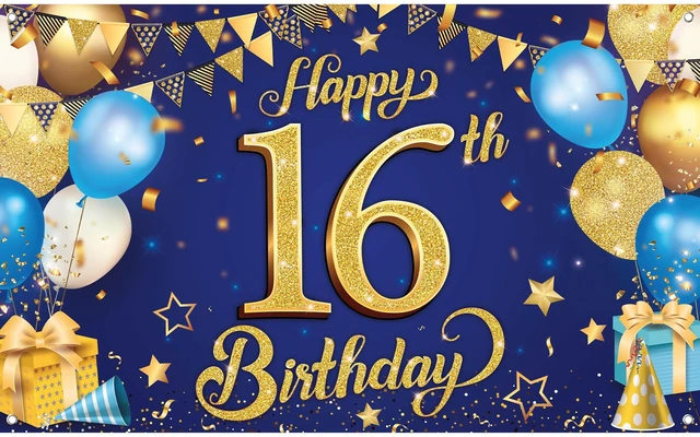 Main image of Blue and Gold 16th Happy Birthday Banner 72x44 Inch Backdrop Banner For 16th Birthday Decorations, Black And Gold Party Decoration