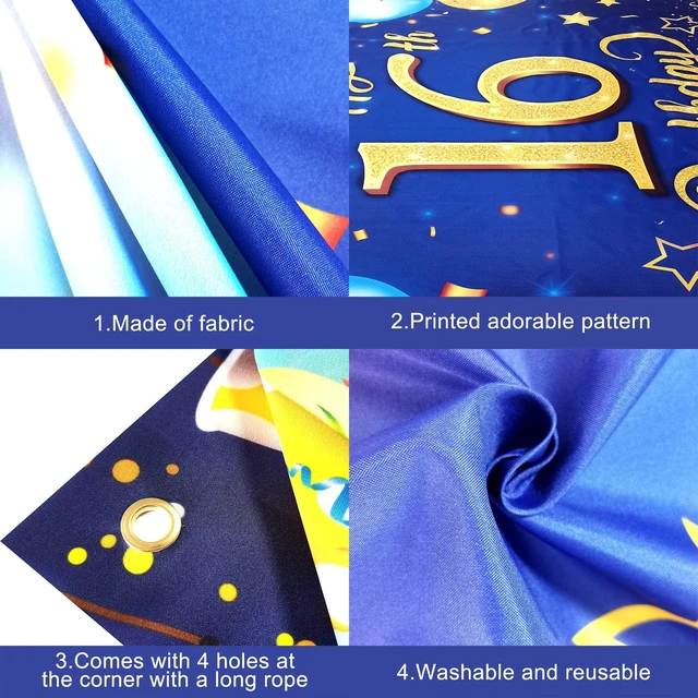 Alt view image 5 of 7 - Blue and Gold 16th Happy Birthday Banner 72x44 Inch Backdrop Banner For 16th Birthday Decorations, Black And Gold Party Decoration