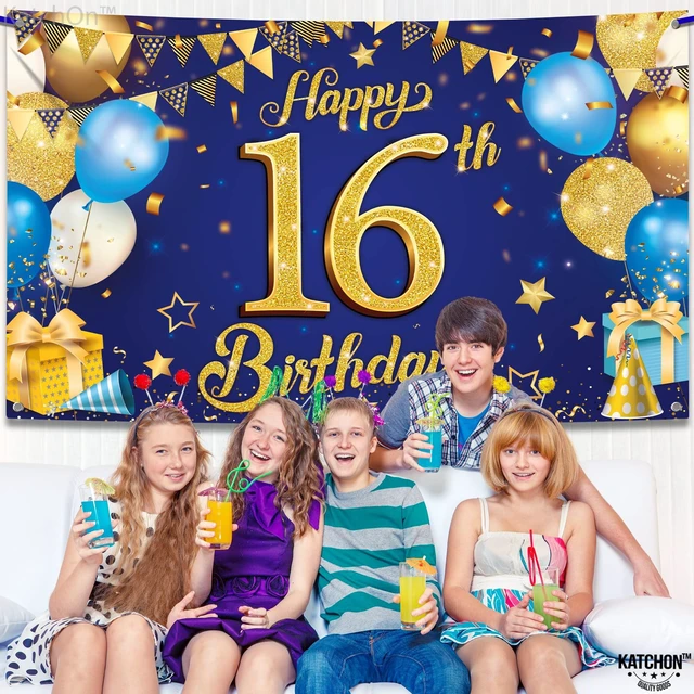 Alt view image 7 of 7 - Blue and Gold 16th Happy Birthday Banner 72x44 Inch Backdrop Banner For 16th Birthday Decorations, Black And Gold Party Decoration