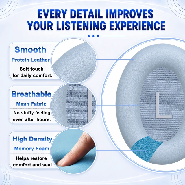 Alt view image 5 of 7 - Ear Pads for Bose QC45/QC SE/QC Wireless HeadphonesLight Blue Extra-Thick and Durable Cushion, Soft Protein Leather and Slow-rebound Memory Foam for Long-Lasting Comfort, Easy to Replace