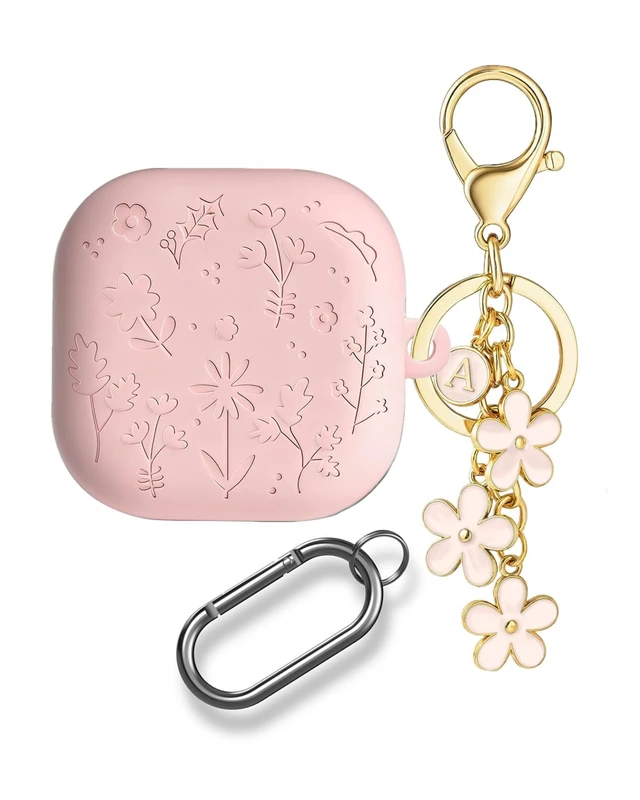Main image of for Samsung Galaxy Buds4 / 4Pro Cute Case Cover with Keychain for Women Girl, Engraved Flower Soft Silicone Galaxy Buds 4 / Buds 4 Pro Protective Cover Skin (Pink)